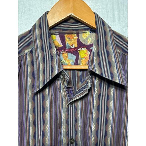 Robert Graham Button Up XL Purple Geometric Stripe Contrast Trim FLAW - Picture 6 of 12